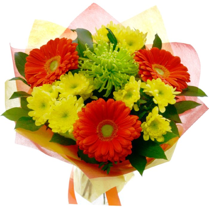 Букет &quot;Подарочный&quot; Цветы: Гербера, хризантемы кустовые и хризантема одноголовая. Зелень: салал, папоротник. Размер 50Х50Х50 см.