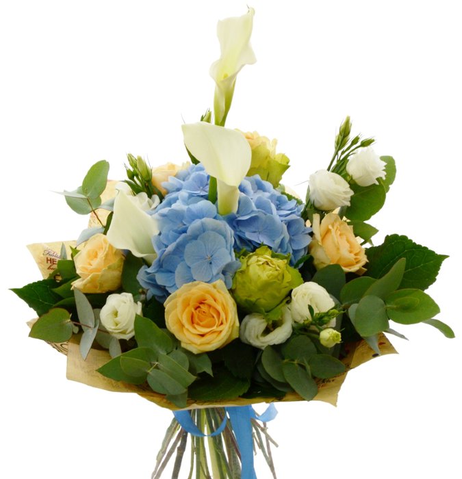 Букет &quot;Полет бабочки&quot; Букет из розы Эваланш Пич с каллой и синей гортензией.