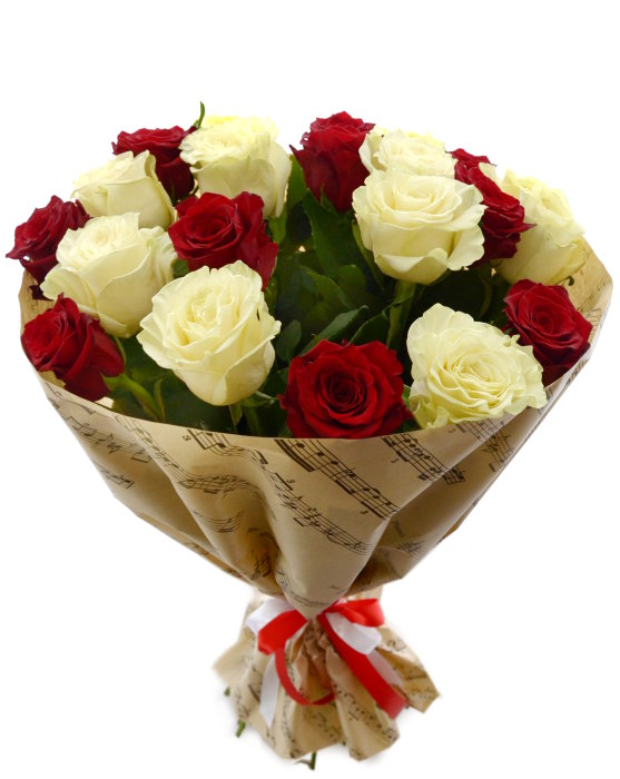 Букет &quot;Мелодия чувств&quot; Букет из 21 розы красного и белого цвета в упаковке из крафтовой бумаги. Размер 60х50х50 см.
