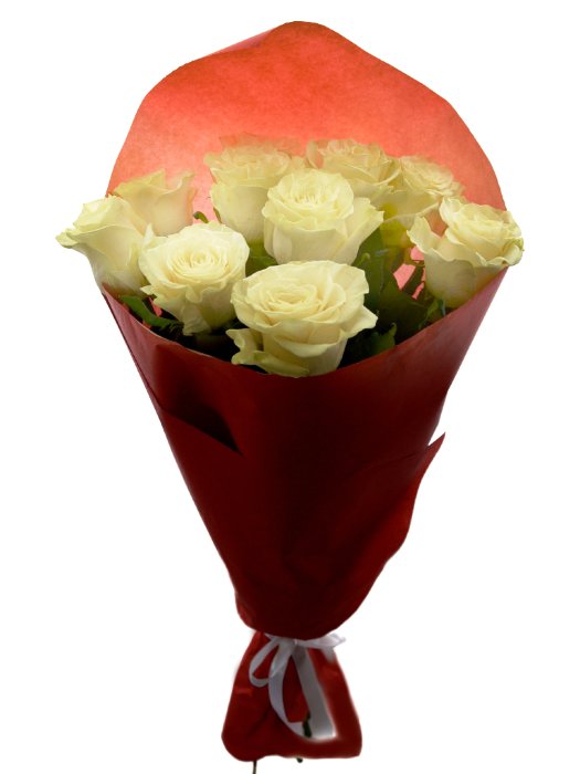 Букет &quot;Красное и белое&quot; Букет из 11 белых роз в упаковке из красной крафтовой бумаги. Размер 30х70 см.